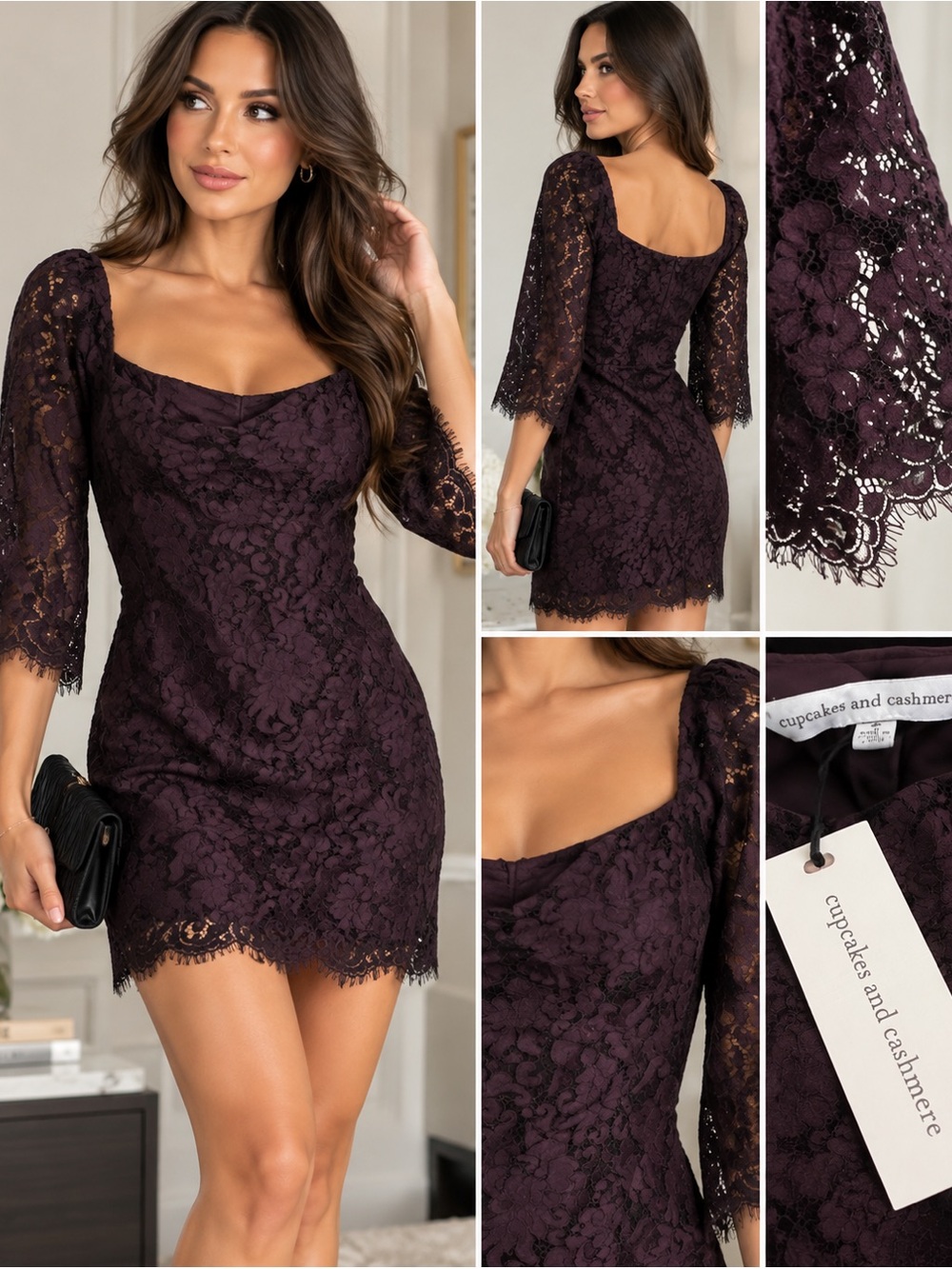 cupcakes & cashmere Deep Plum Lace Square-Neck Mini Dress